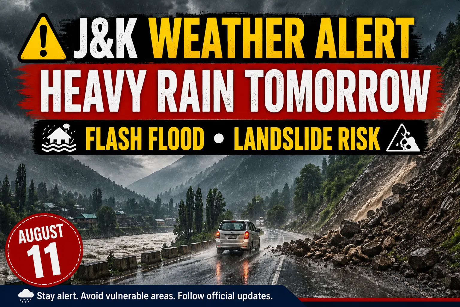 Heavy Rain Forecast for J&K on August 11; Flash Floods, Landslides Possible