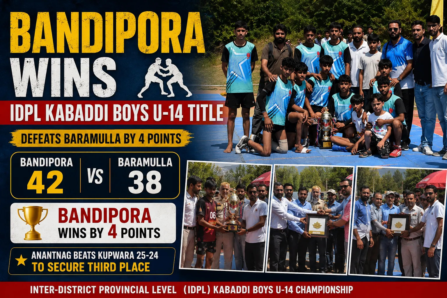 Bandipora Clinches IDPL Kabaddi Boys U-14 Title, Defeats Baramulla by Four Points in Thrilling Finale